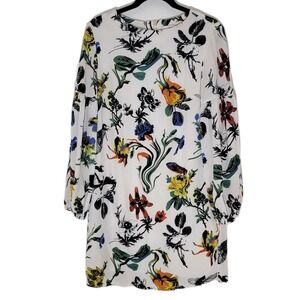 TIBI Gothic Floral Shift Mini Dress Long Sleeve White, Silk Size 8 EUC
